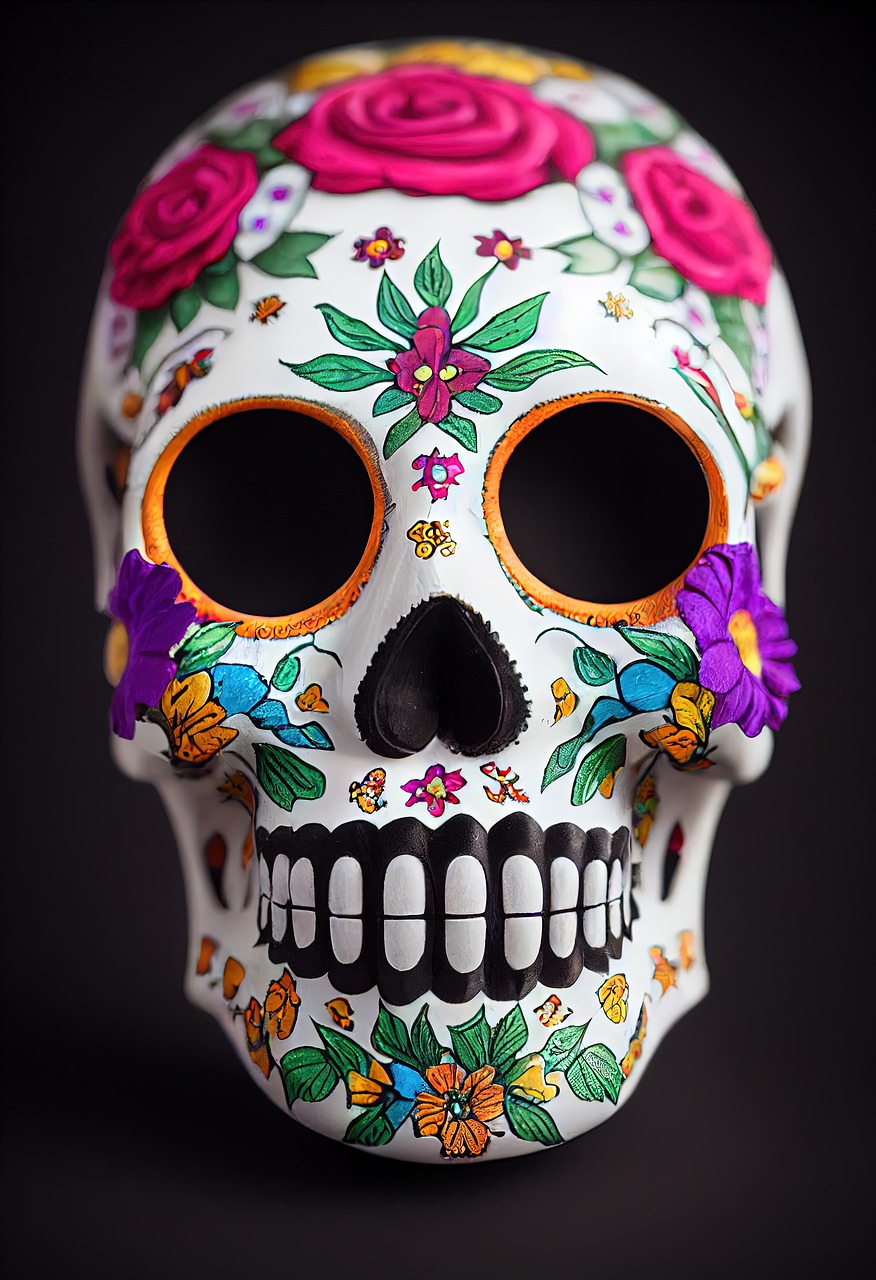 dia de los muertos, flower background, halloween, skull, flowers, nature, beautiful flowers, flower wallpaper, object, cristina, mexico, bones, day of the dead